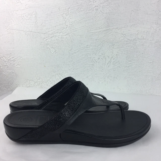 FitFlop 473-090 Banda Micro Crystal Toe Post Thong Black Comfort Sandals Size 10