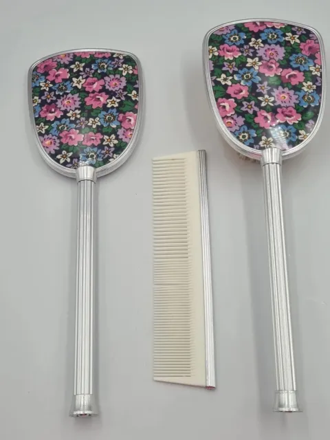 Vintage Vanity Brush Comb & Mirror Set Made In England Floral Design
