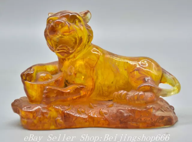6" Old Chinese Amber Carved Fengshui 12 Zodiac Year Tiger Statue Sculpture