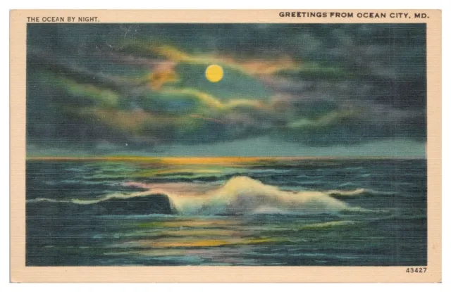 Ocean City Maryland Postcard The Ocean by Night Unposted Linen