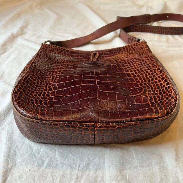 Longchamp Roseau Shoulder Bag Leather Croc Embossed Brown Made in France 7