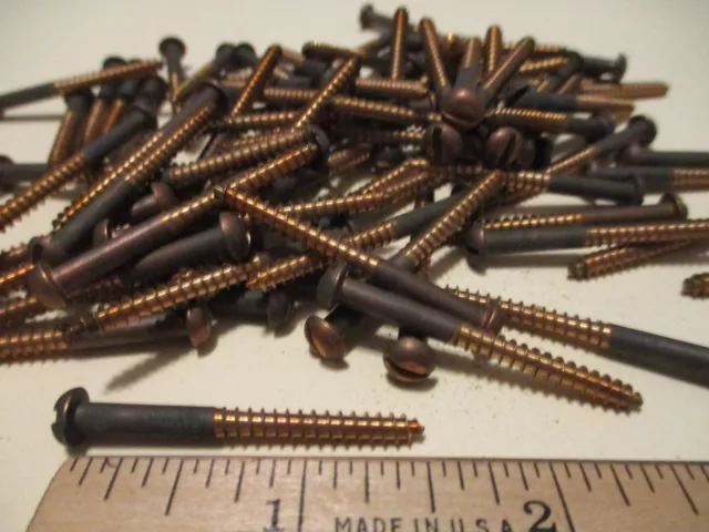 43 Vintage Solid Bronze Wood Screws With Round Slot Heads 1 1/2" Long X #6=9/64"