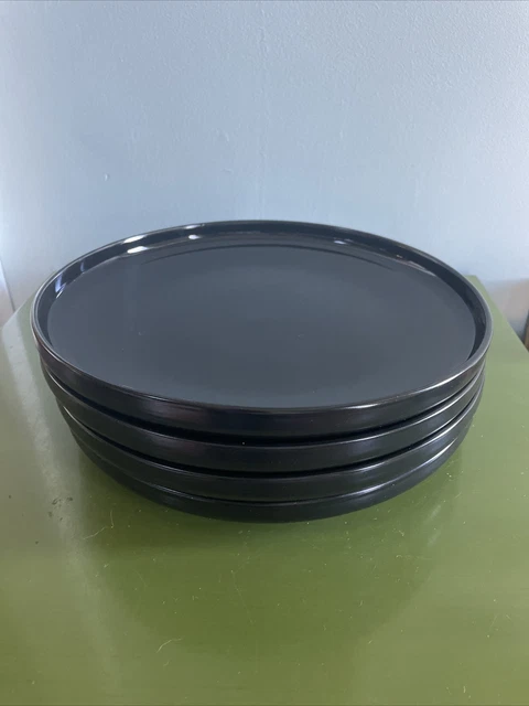 Set 4 CB2 Modern Black Dinner Plates Glossy 10” Heavy Nice!