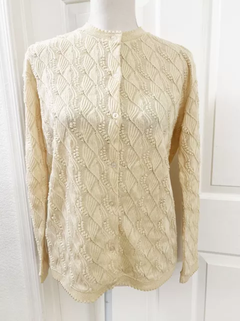 Vintage 80's 90's Granny Cottagecore Acrylic Cream Cardigan Knit Sweater Medium