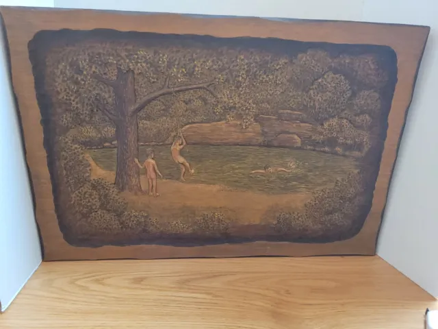 Ozark Folk Art Wood 3D Carving Artist Singed Robert Daugherty "Boys Swimming
