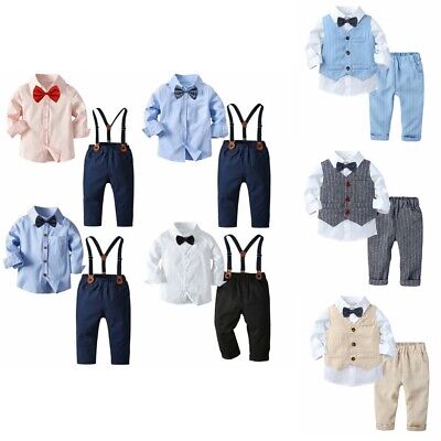 Kinder Jungen Gentleman Outfits Langarm Hemd+Weste+Hosenträger Hose+Fliege Set