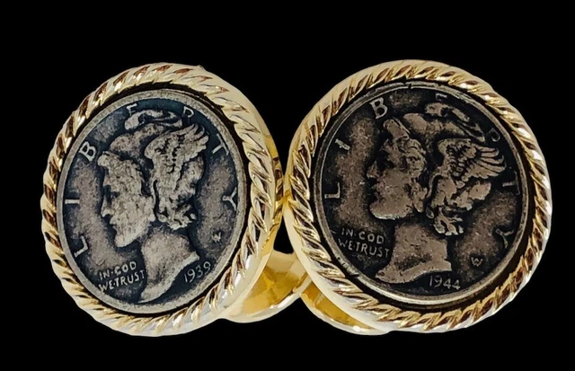 Authentic 90% Silver United States US Mercury Dime Cufflinks w/Gold Tone Setting Authentic 90% Silver United States US Mercury Dime Cufflinks w/Gold Tone Setting