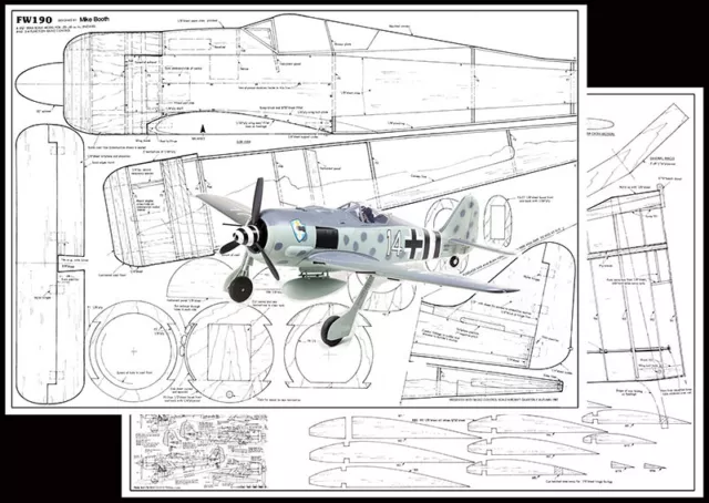 Model Airplane Plans (RC): FOCKE WULF Fw-190A-5 Scale 45" for .25-.40 Engines