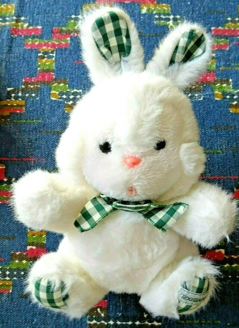 Gb2/  Doudou Peluche Vintage Nounours Lapin Blanc Vert Carreau 25/31 Cm Exc Etat