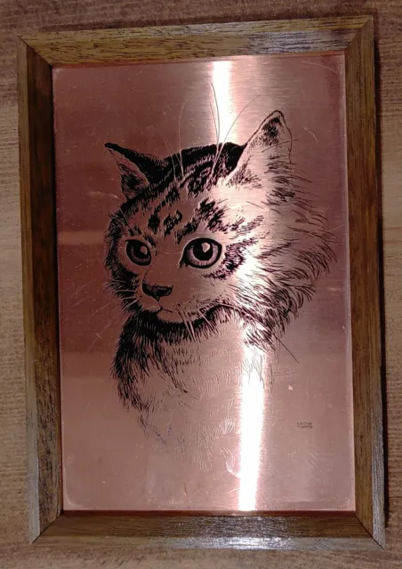 ETCHMASTER ORIGINAL CAT COPPER ETCHED FRAMED - CECILE CURTIS 15.5cm x 22.5cm