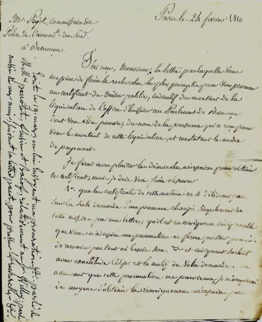 1810 Lettres Paris liquidation office d'huissier PAJOT Besançon GARNISON à Paris