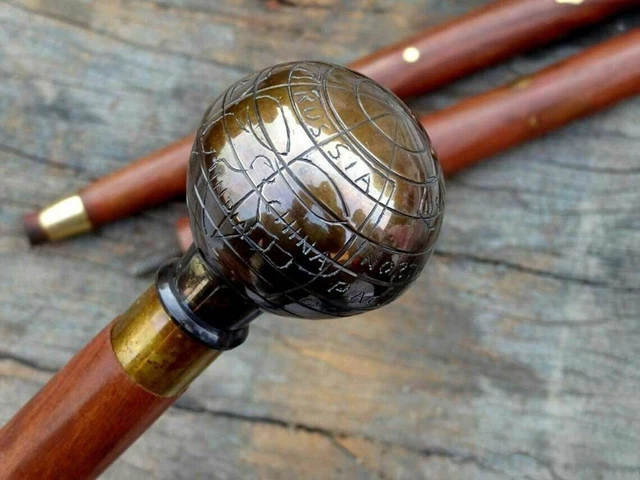 Antique Globe Brass Handle Wooden Walking Cane, Victorian Walking Sticks, Vintag