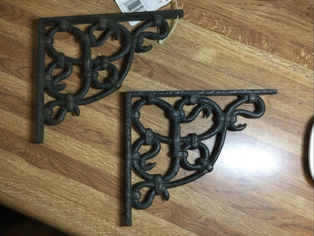 Set 2 Aged Cast Iron Gray Finish Decorative Wall Shelf Bracket Ornate Vine Brace