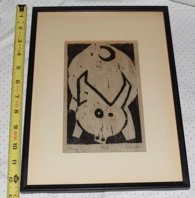 N Wilson PIG Woodcut Woodblock Print 7/10 Abstract Piccaso Style