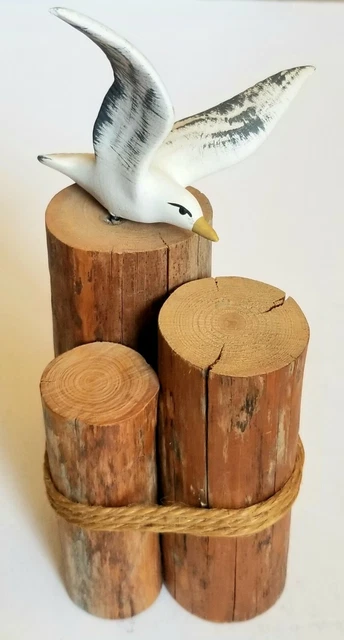 Vtg SEAGULL on Dock Pier Post Pilings Figure Sculpture Art Decor Nautical Wood