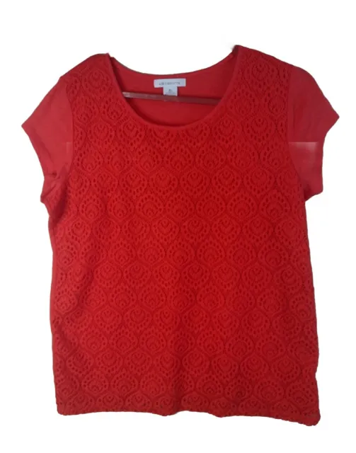 Liz Claiborne Womens Shirt XL Top Red Crochet Front Short Sleeve Scoop Neck