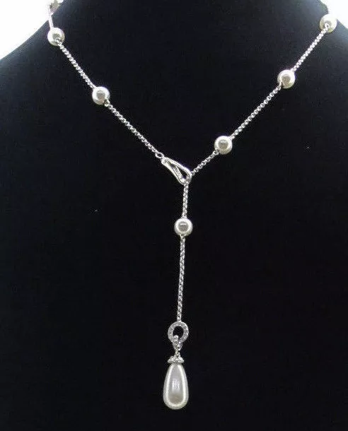 $75 Eliot Danori Imitation Pearl and Cubic Zirconia Lariat Silver-Tone Necklace