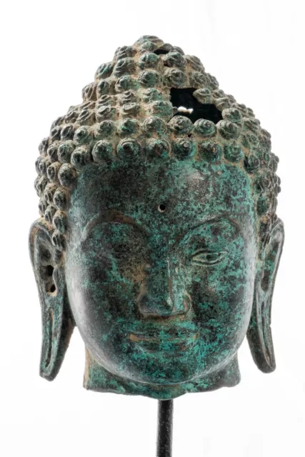 Antique Thai Style Mounted Dvaravati Bronze Buddha Head Statue - 20cm/8"