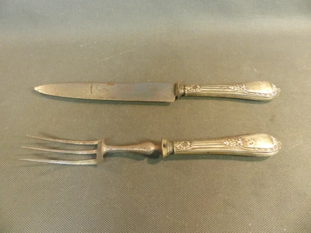 Ancien set de découpe de gigot couteau et fourchette manche en argent fourré