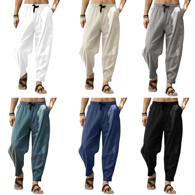 Pantalon Sarouel Homme Ample, Pantalon Léger Homme Coton Et Lin,Pantalon Ample Homme Décontracté Couleur Unie L'été Plage Yoga Pantalons Avec Cordon De Serrage Classique Confortable Respirant Pants