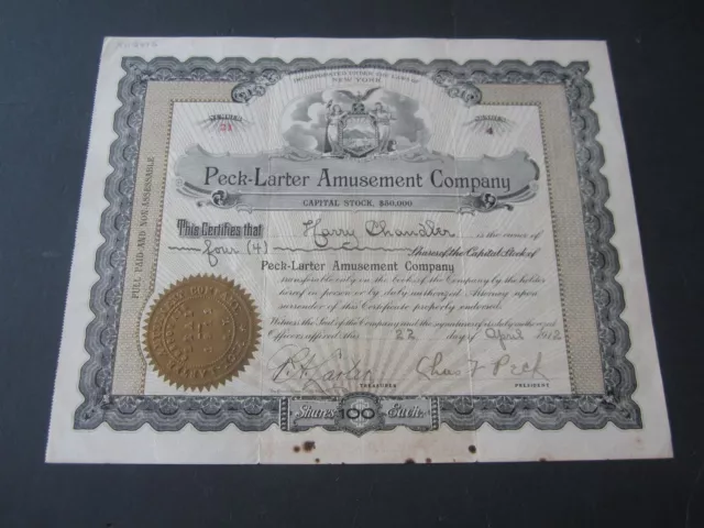 Old Vintage 1912 - PECK LARTER AMUSEMENT Company - Stock Certificate - New York