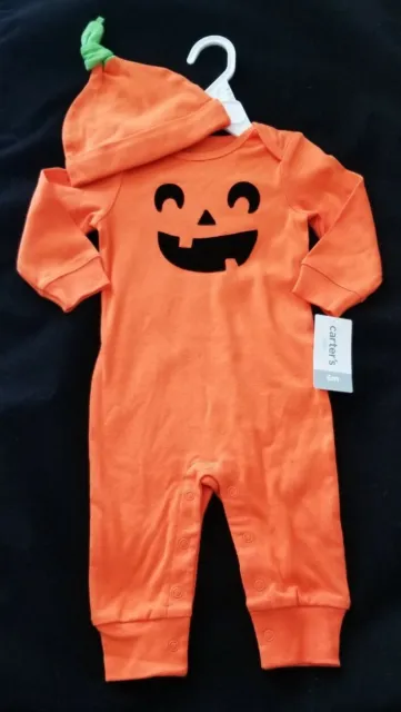 CARTER'S Infant's Size 6M Orange Halloween Jack-O-Lantern Jumpsuit & Hat Set NWT