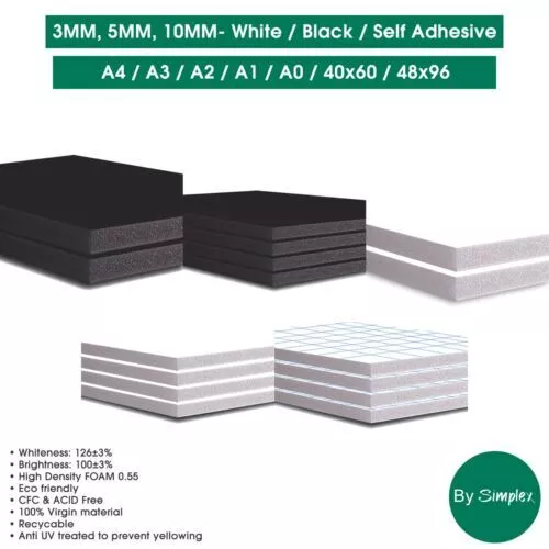 Foam Board Size A4, A3, A2, A1, Thickness 3mm, 5mm, 10mm, Colour, White or Black