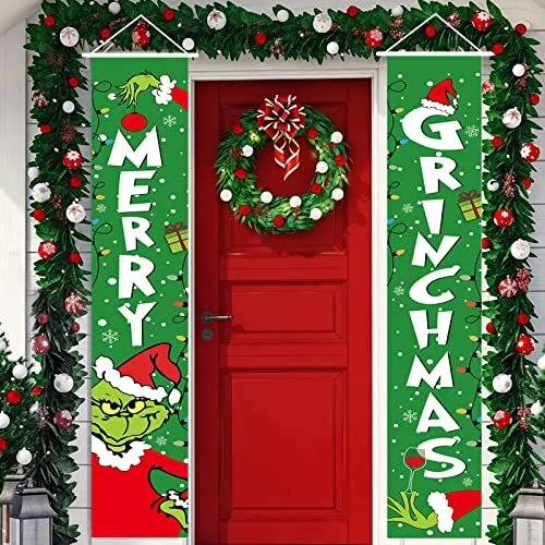 Grinch Christmas Porch Sign, Christmas Porch Banner Decorations, Merry