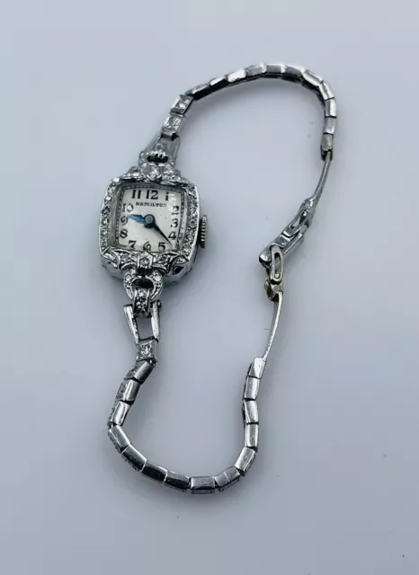 HAMILTON ANTIGUO ART D co 14k Blanco Todo Oro Diamante Mujer Reloj