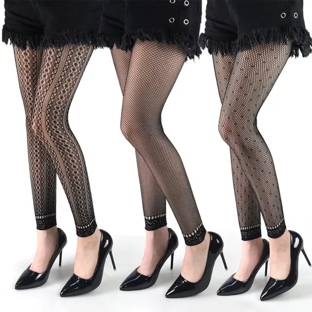 Spotty Square Black 3/4 Footless Tights Lace Trim XS/S Ladies Semi Sheer dot
