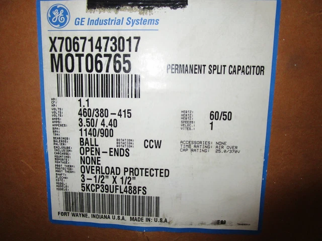 GE 1.1 Hp ELECTRIC MOTOR FOR TRANE CHILLER X70671473017 5KCP39UFL488FS 460 VOLTS