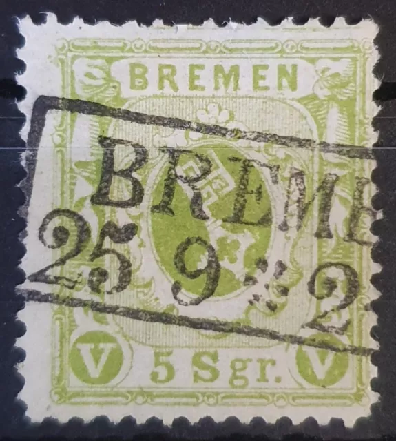 BREMEN GERMANY 1866 Used 5 Sgr Deep Yellow Green Michel #15a CV €300 SIGNED