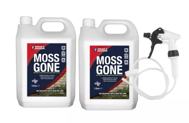 Moss Gone Moss Killer 2 X 5 Litre with Long Hose Trigger, Multi-Pack, Fast Actin