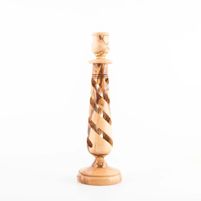 10" Olive Wood Candle Holder with Hollow Twist,  Holy Land Grown Olive Wood