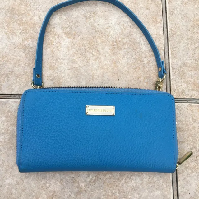 Women Wallet Samantha Brown Wristlet Handle Blue Zip Around Checkbook Size
