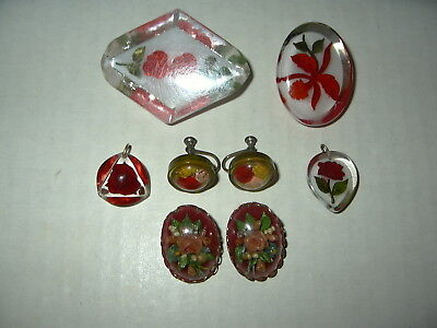 6 Vintage Reverse Carved Plastic Lucite Red Rose Flower Pins-Pendants-Earrings 2