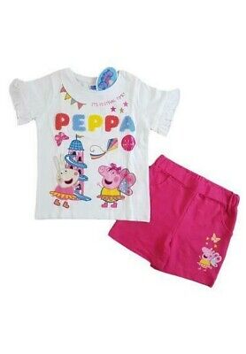 Peppa Pig Girls Pink Summer Holiday White Top & Pink Shorts 18/24 2 3 4 5 Year