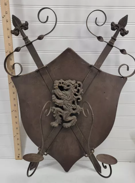 Vtg Coat of Arms Swords Shield Lion  24" X 18" Wall Decor Knight Medieval Candle