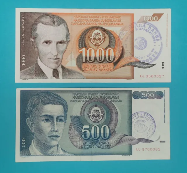 Bosnien und Herzegowina 2 x Noten 500, 1000 Dinara 1990, 100% ORIGINALMARKE * XF