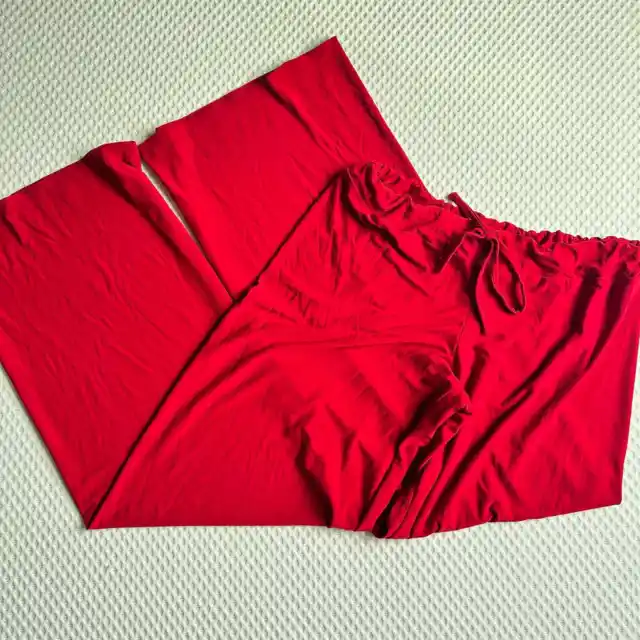 Norma Kamali Wide Leg Jersey Pants L Red Stretch Pull On Tie Waist Women's