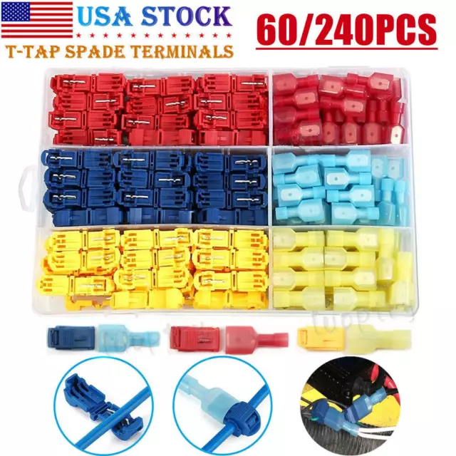 240/60PCS Quick Splice T-Tap Electrical Wire Crimp Terminal Spade Connectors Kit