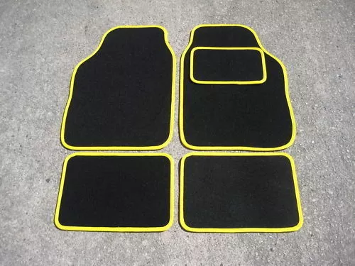 Universal Fit Car Floor Mat Set 4 Piece Rubber Backing Black Yellow Trim Edging