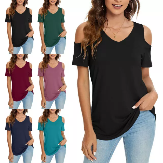 Womens Short Sleeve Cold Shoulder T Shirt Tops Ladies Casual Baggy V Neck Blouse