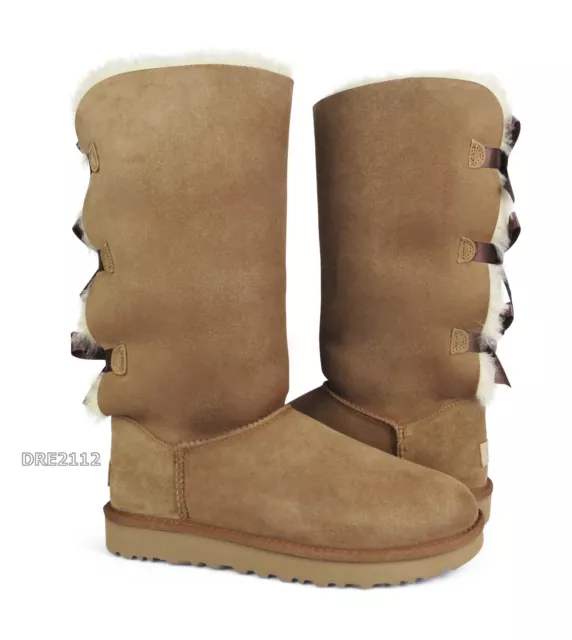 UGG Bailey Bow Tall II Triple Chestnut Suede Fur Boots Womens Size 7 *NIB* 2