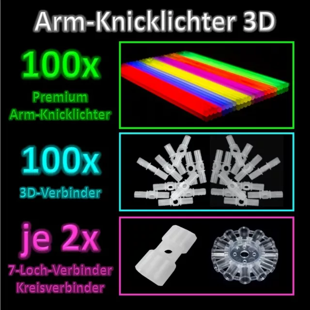 2000 Premium Arm-Knicklichter BUNT - KNIXS 6 Farbmix (205x5mm) mit 3D Verbinder