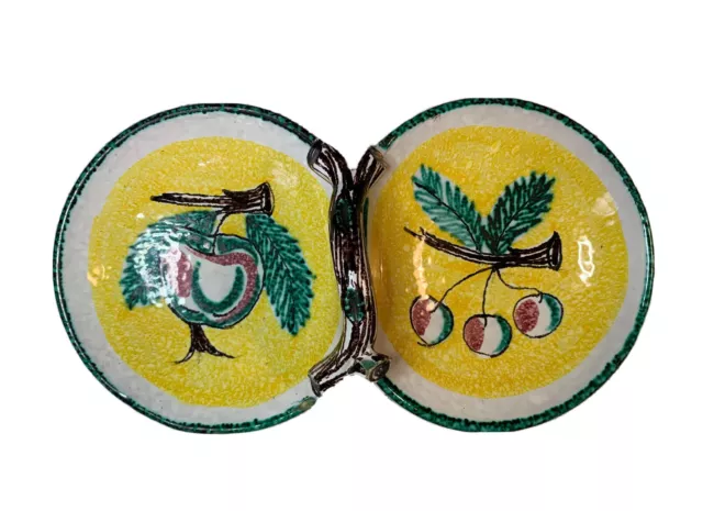 Vintage Italian Majolica Pottery Split Double Bowl Serving Dish Fruit and Branch