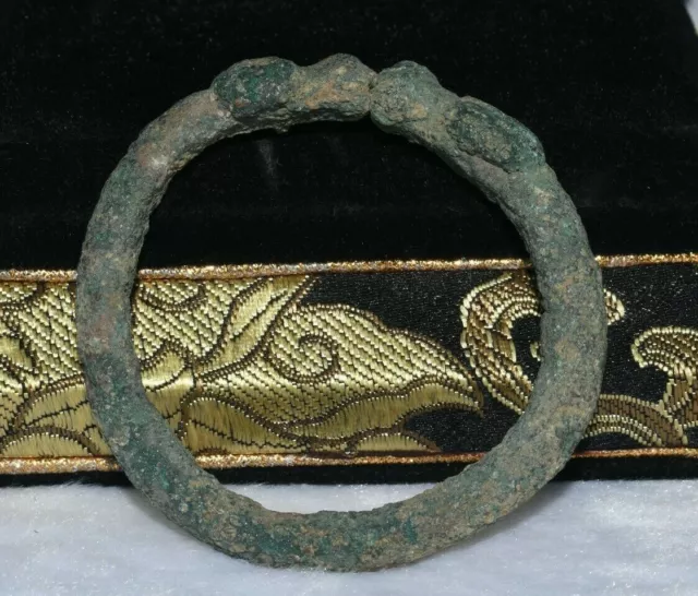 Genuine Ancient Old Medieval Bronze Bracelet with Protome of an Animal