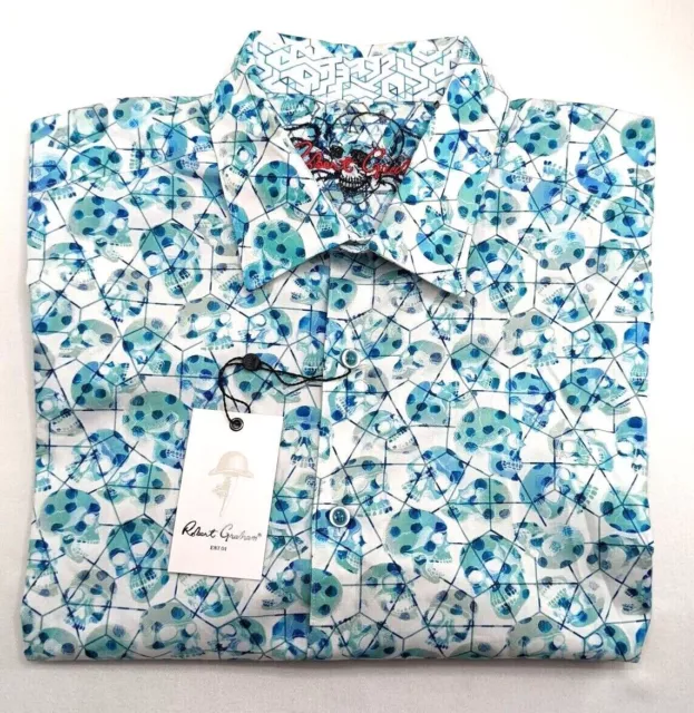 Robert Graham Turquoise Skull Short Sleeve Shirt Size L  BRAND NEW w/ Tags