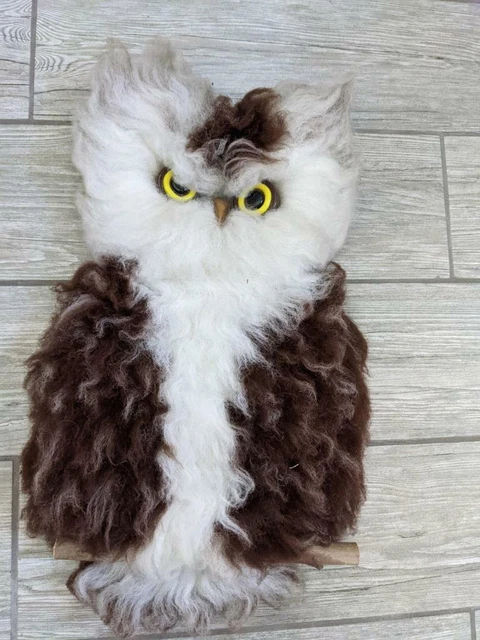 19" vintage MID CENTURY wall hanging FUZZY fluffy fabric OWL shag carpet