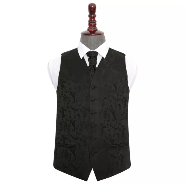 DQT Woven Floral Black Mens Wedding Waistcoat & Cravat Set S-5XL